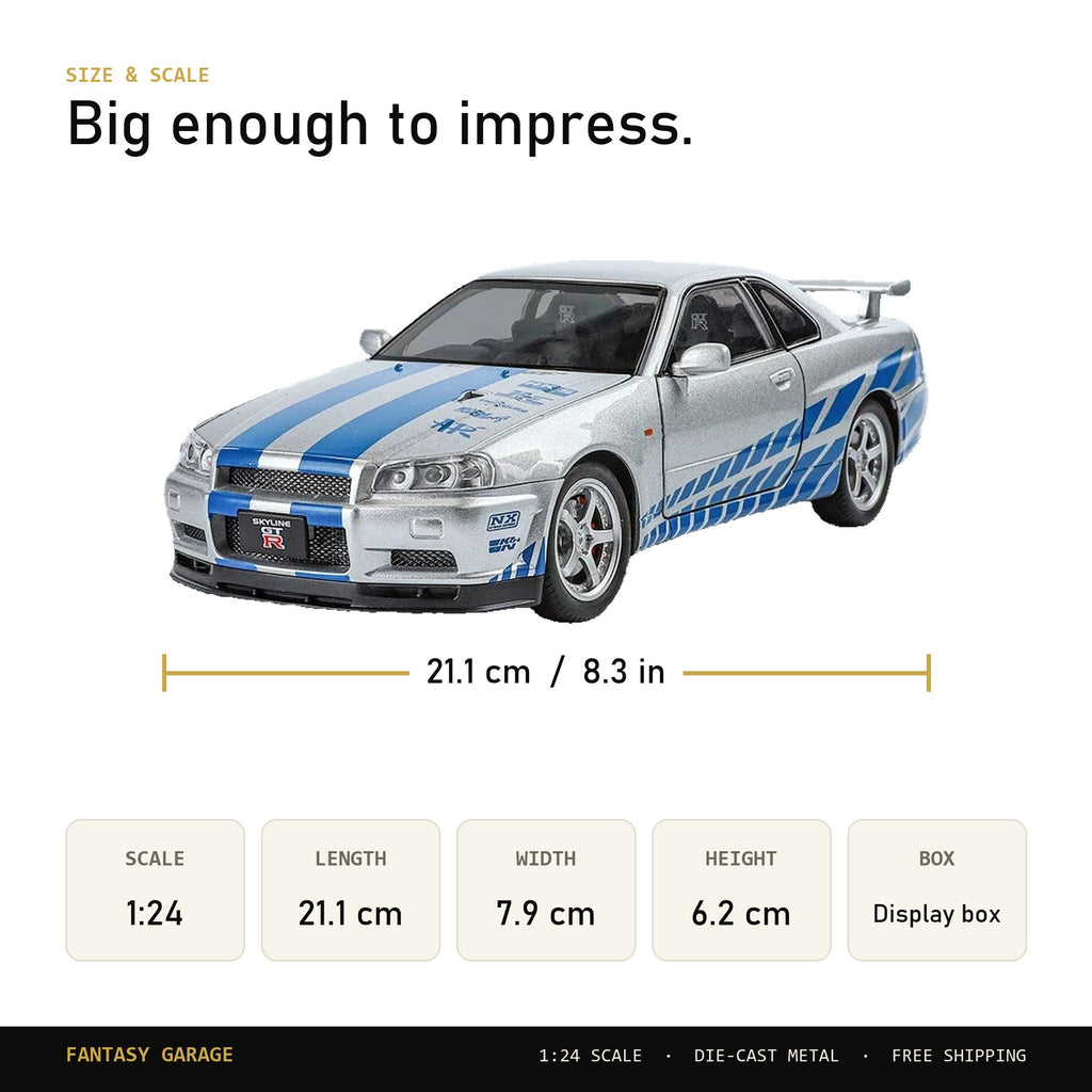 Skyline GT-R R34 1:24 replica size 21.1 x 7.9 x 6.2 cm